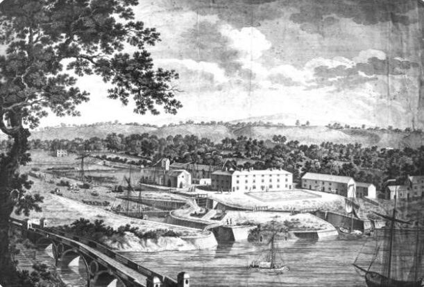 An historic pencil illustration of Stourport-on-Severn from the air
