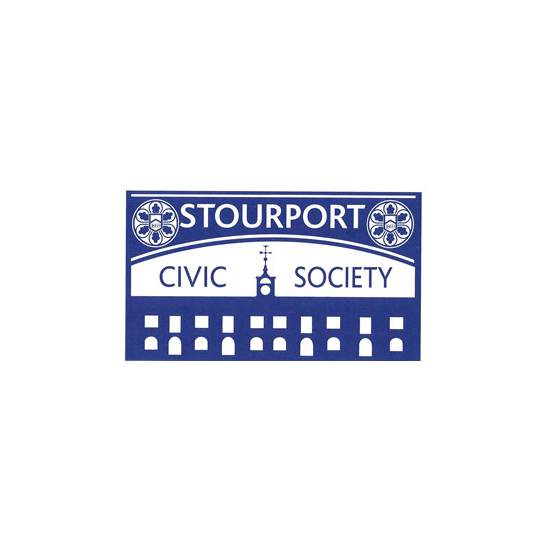 The Stourport Civic Society Logo - a flat blue illustration of the Clock Warehouse in Stourport's canal basin on Engine Lane, Stourport-On-Severn, Wyre Forest, Worcestershire